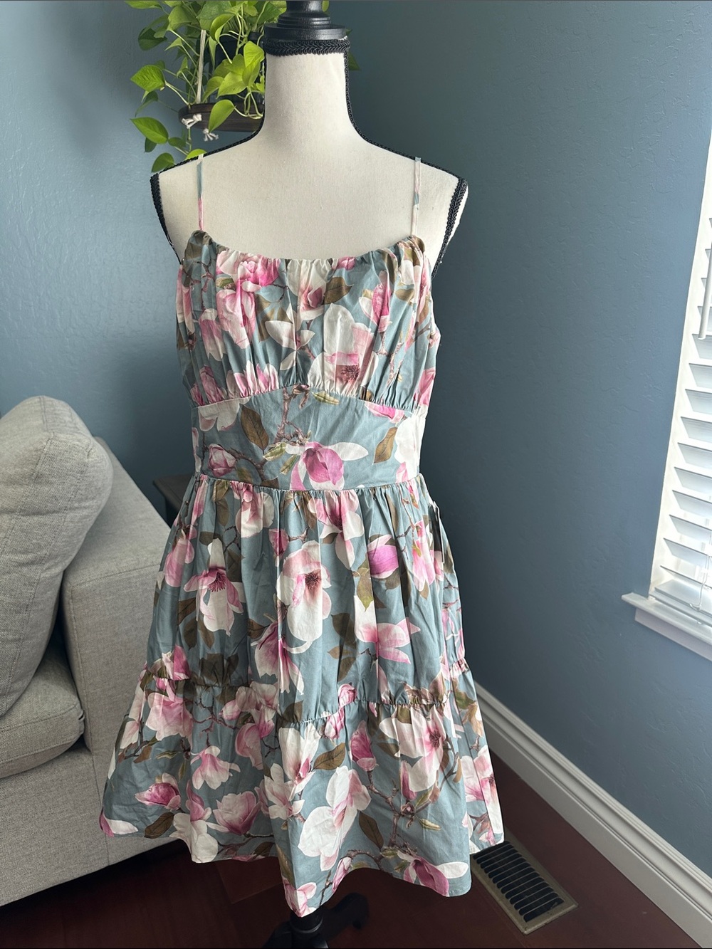 Express Pink and Blue Floral Spaghetti-Strap Mini Dress